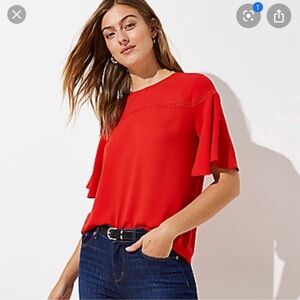 Loft Red Flutter Sleeve Mixed Media Blouse Large